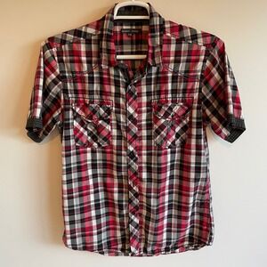 Stockhomme Men's Plaid‎ Short Sleeve Button Up Shirt Red Black White Size L